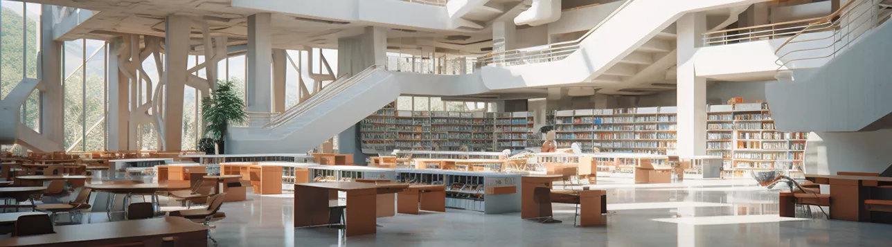 Modernt universitetsbibliotek, bokhyllor och studieplatser. Foto.